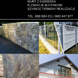 Przykłady realizacji: kamienny mur, ogrodzenie z siatki i betonowych elementów, elewacja budynku w trakcie prac z użyciem rusztowania.