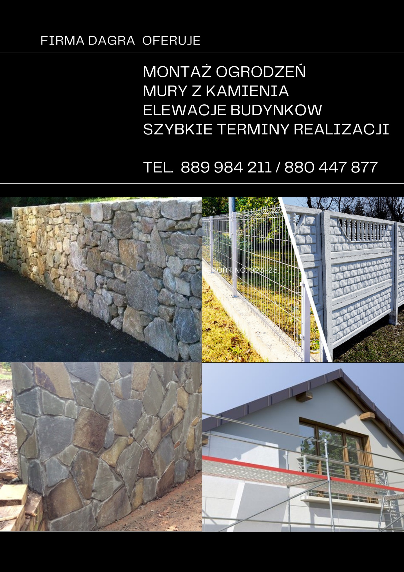 Przykłady realizacji: kamienny mur, ogrodzenie z siatki i betonowych elementów, elewacja budynku w trakcie prac z użyciem rusztowania.