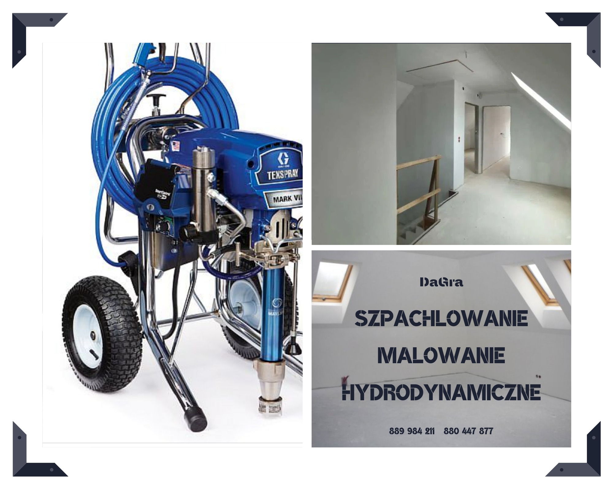 Agregat malarski Texspray Mark VII na tle świeżo wyszpachlowanego i pomalowanego poddasza z oknami dachowymi, widoczne logo firmy DaGra.