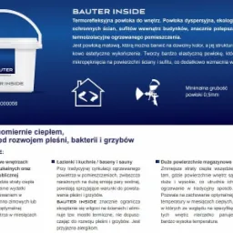Wizualizacja produktu BAUTER INSIDE: białe wiadro z termorefleksyjną powłoką do wnętrz, z informacjami o właściwościach (ochrona przed pleśnią, bakteriami, grzybami, minimalna grubość powłoki 0,5mm...