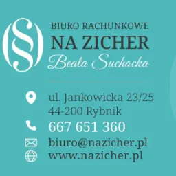 Wizytówka Biura Rachunkowego Na Zicher Beata Suchocka z adresem ul. Jankowicka 23/25, 44-200 Rybnik, numerem telefonu 667 651 360 i adresem e-mail biuro@nazicher.pl oraz stroną internetową www.