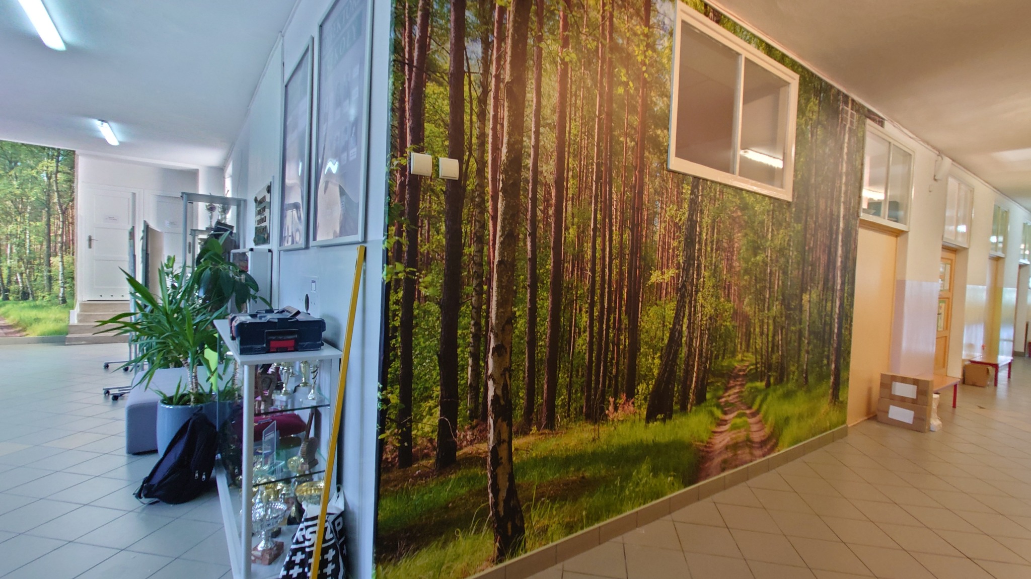 Długi korytarz z fototapetą imitującą leśny krajobraz, widoczne rośliny doniczkowe, gablota z trofeami i skrzynka narzędziowa.