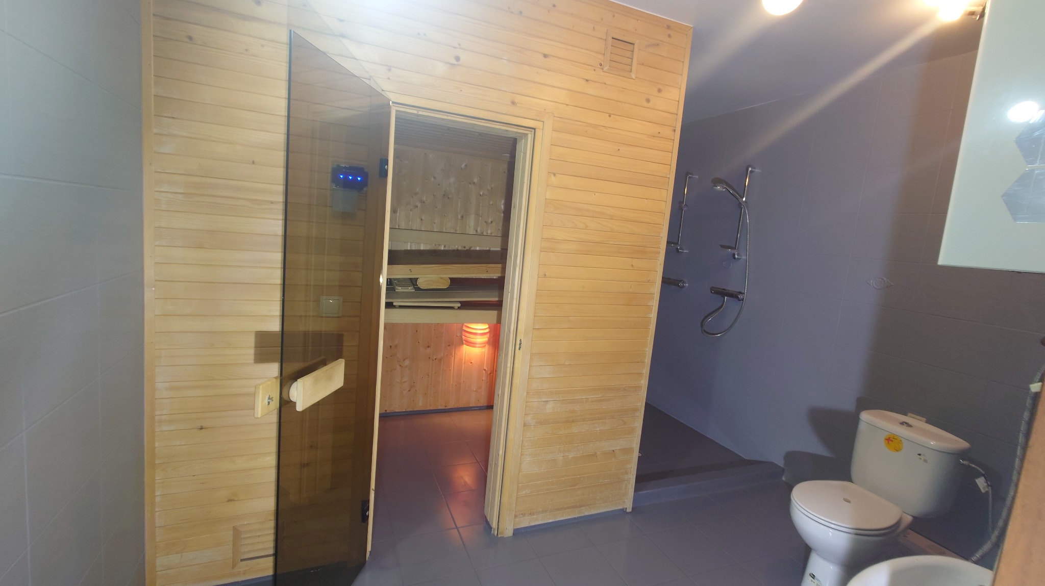 Nowoczesna łazienka z sauną wykończoną drewnem, widoczny prysznic i toaleta na tle szarych płytek. Oświetlenie sufitowe. Drewniane wykończenie sauny.