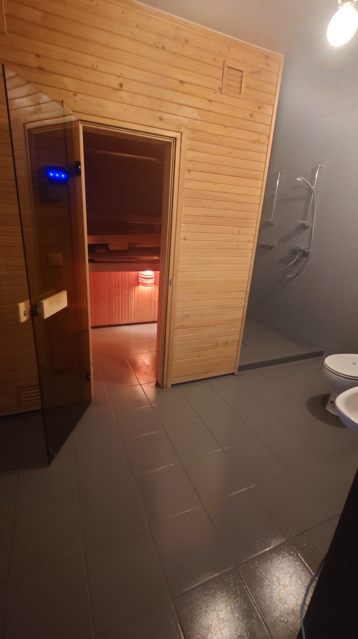 Sauna z drewnianym wykończeniem i przeszklonym wejściem, widoczna z poziomu łazienki z szarą glazurą i białą armaturą. Czerwone światło w saunie.