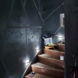 Klatka schodowa w trakcie malowania dekoracyjnego, ściany wykończone w odcieniach szarości z geometrycznymi wzorami, widoczne narzędzia malarskie na schodach.