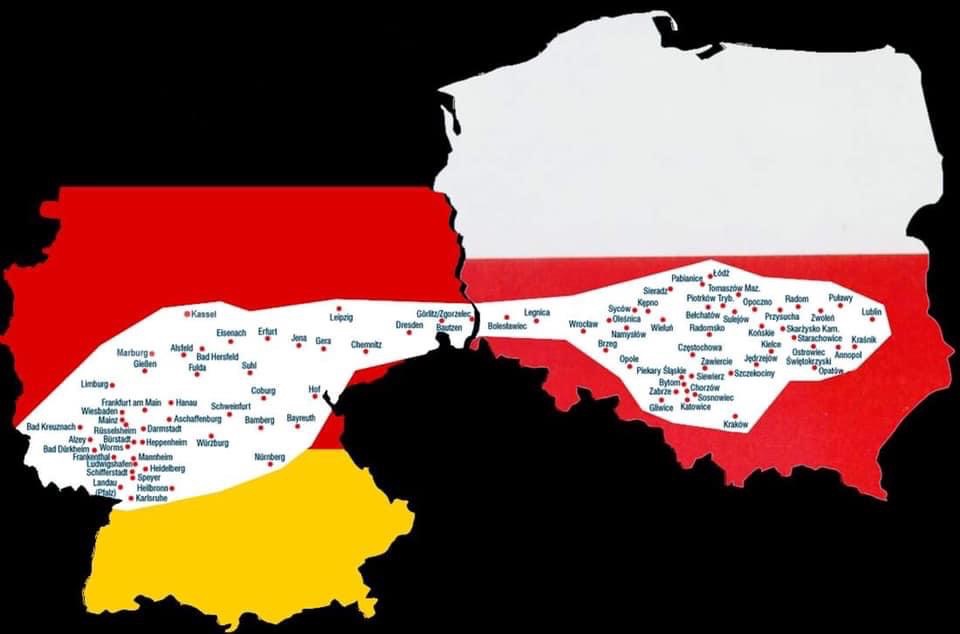 Mapa Polski i części Niemiec z zaznaczonymi miastami, podzielona kolorami flagi polskiej i niemieckiej, wskazująca na transport międzynarodowy.