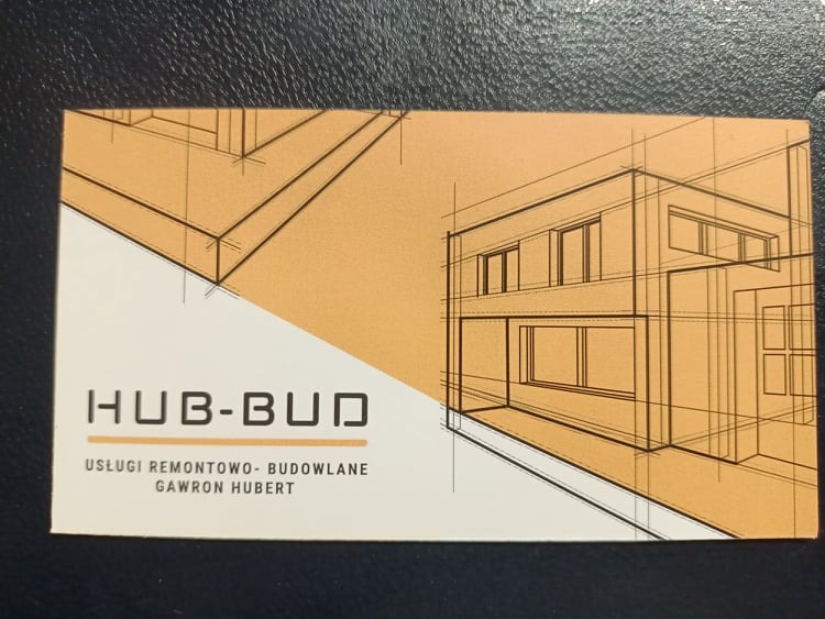 Wizytówka firmy HUB-BUD z perspektywicznym rysunkiem domu i danymi kontaktowymi Gawron Hubert Usługi Remontowo-Budowlane.
