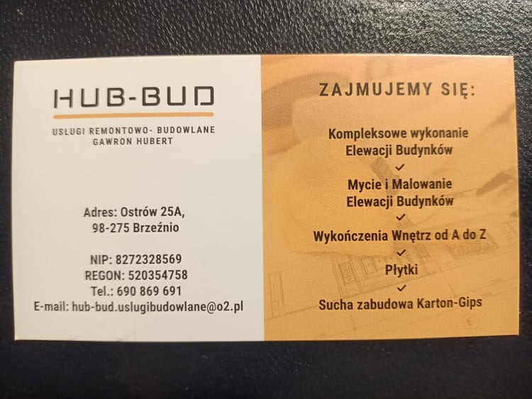 Wizytówka firmy HUB-BUD oferującej usługi remontowo-budowlane, w tym kompleksowe wykonanie i mycie elewacji budynków, wykończenia wnętrz, układanie płytek oraz suchą zabudowę karton-gips.
