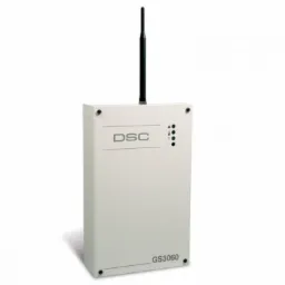 Biała centrala alarmowa DSC GS3060 z anteną i diodami LED stanu, umieszczona na białym tle.