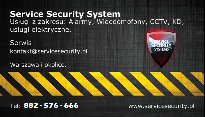 Grafika reklamowa firmy Service Security System z Warszawy, oferującej usługi z zakresu alarmów, wideodomofonów, CCTV, KD i usługi elektryczne, z numerem telefonu i adresem strony internetowej...