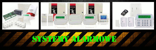 Kolaż przedstawiający różne komponenty systemów zabezpieczeń: czujniki, centrale sterujące z wyświetlaczami, moduły komunikacyjne i syrenę, na białym tle z napisem 'SYSTEMY ALARMOWE'.