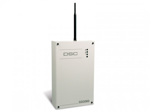Biała centrala alarmowa DSC GS3060 z anteną i diodami LED stanu, umieszczona na białym tle.