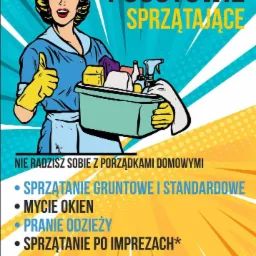 Ilustracja w stylu retro: Kobieta w uniformie sprzątaczki z żółtymi rękawicami, trzymająca pojemnik ze środkami czystości, na tle z napisem 'Pogotowie Sprzątające' i informacjami o usługach.