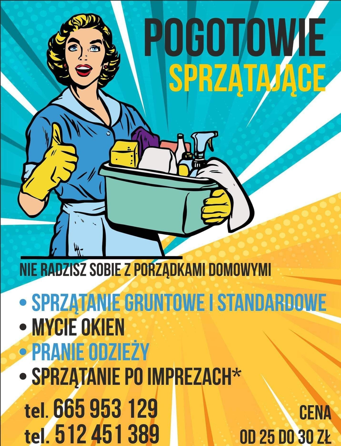 Ilustracja w stylu retro: Kobieta w uniformie sprzątaczki z żółtymi rękawicami, trzymająca pojemnik ze środkami czystości, na tle z napisem 'Pogotowie Sprzątające' i informacjami o usługach.