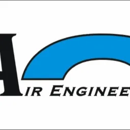 Logo firmy Air Engineering: czarna litera A z niebieskim łukiem nad napisem Air Engineering.