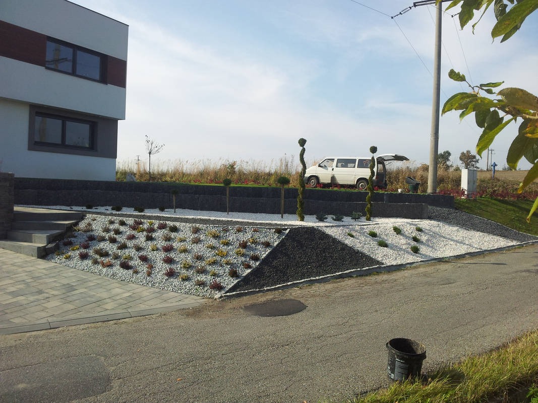 Nowoczesny ogród przed domem z tarasami wykończonymi białym i czarnym grysem, niskie rośliny ozdobne, formowane drzewka, biały bus z otwartym bagażnikiem w tle.