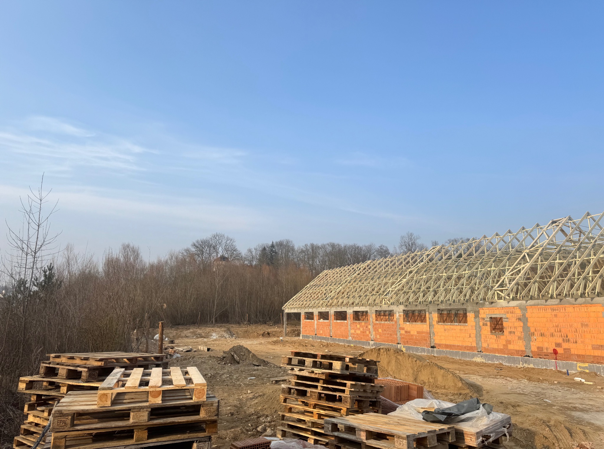 Budowa domu z czerwonej cegły: ściany wzniesione, drewniana konstrukcja dachu w trakcie montażu. Na pierwszym planie ułożone palety. W tle drzewa i błękitne niebo.