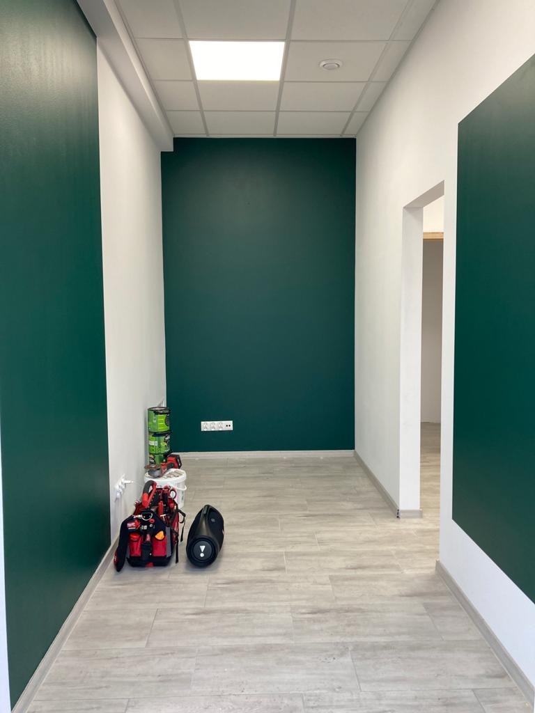 Korytarz biurowy po malowaniu ścian na ciemnozielony kolor, widoczne narzędzia malarskie, podłoga wyłożona panelami imitującymi drewno.
