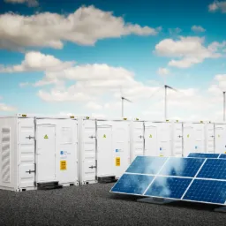 Rząd białych kontenerów Energy Storage z niebieską błyskawicą i panele słoneczne na tle błękitnego nieba z chmurami i wiatrakami w oddali.