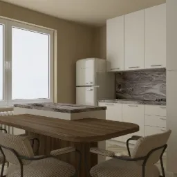 Wizualizacja jasnej kuchni z wyspą i czterema krzesłami, widok na okno i grzejnik, marmurowy blat, kremowe szafki i lodówka w stylu retro.