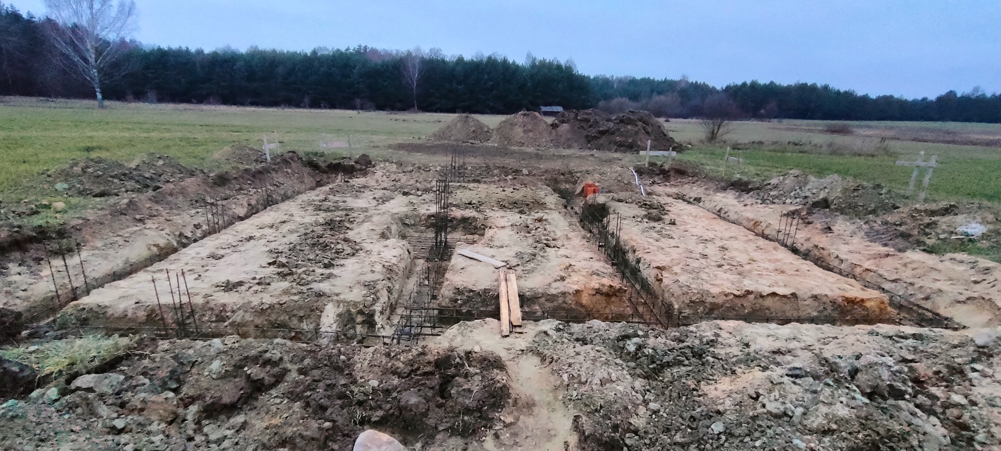 Przygotowane wykopy pod fundamenty domu jednorodzinnego z widocznym zbrojeniem, na tle łąki i lasu w pochmurny dzień.