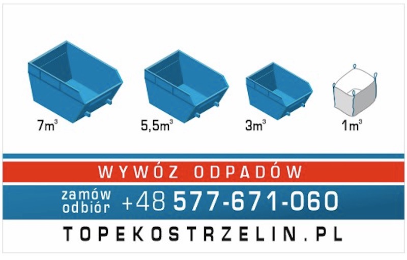 Grafika przedstawiająca wizualizacje kontenerów na odpady o pojemności 7m3, 5.5m3, 3m3 oraz worka Big-Bag 1m3, oferowane przez firmę z Strzelina. Na dole grafiki widnieje napis: Wywóz Odpadów...