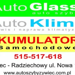 Szyld reklamowy firmy oferującej usługi wymiany szyb samochodowych, serwisu klimatyzacji i sprzedaży akumulatorów samochodowych w Żywcu.