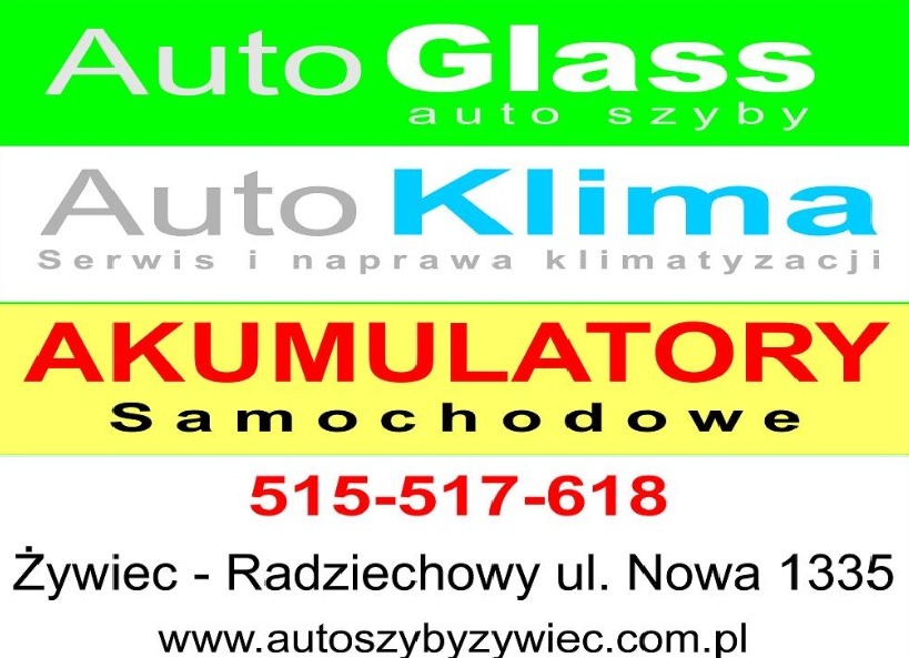 Szyld reklamowy firmy oferującej usługi wymiany szyb samochodowych, serwisu klimatyzacji i sprzedaży akumulatorów samochodowych w Żywcu.