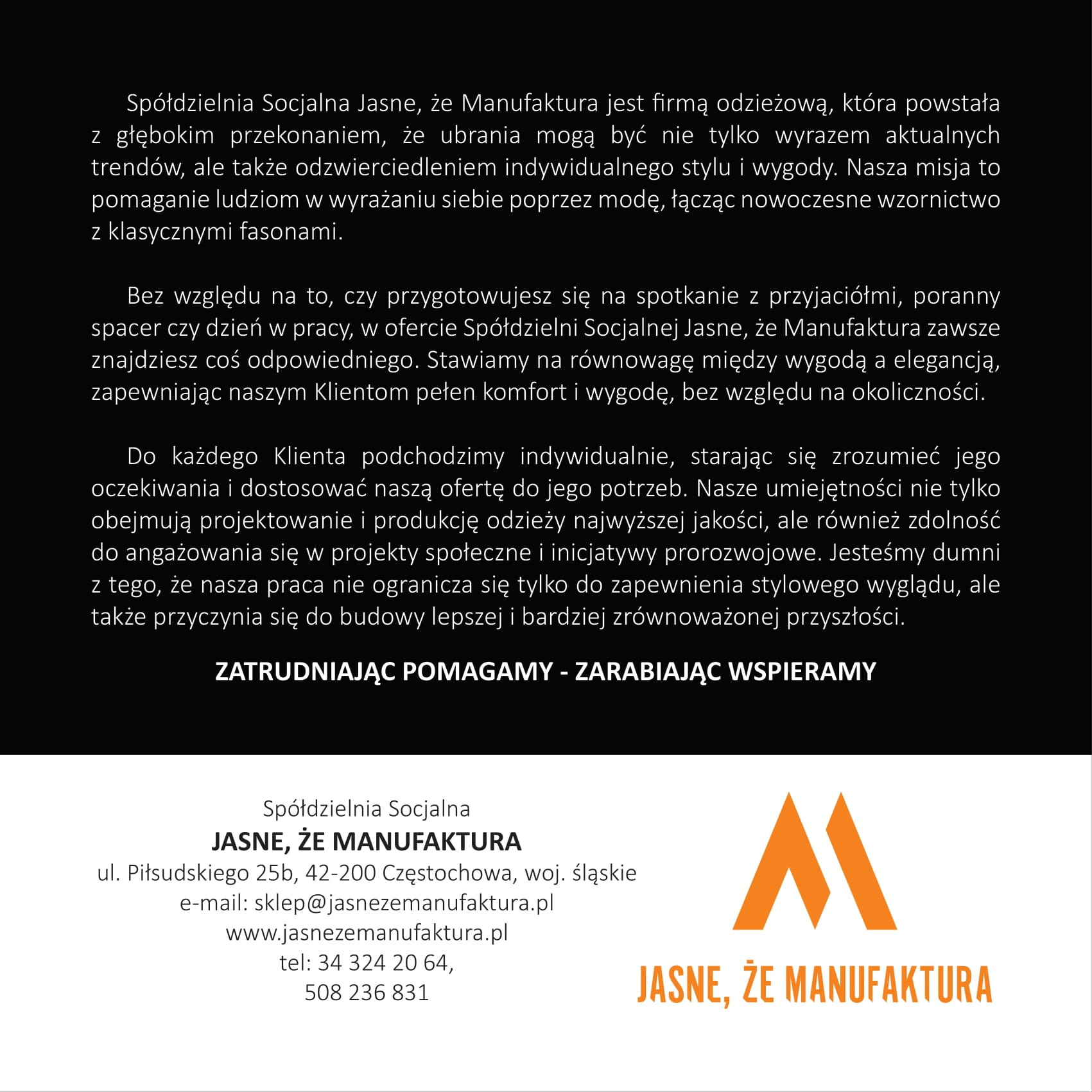 Grafika z logo i danymi kontaktowymi Spółdzielni Socjalnej Jasne, że Manufaktura. Tekst informuje o misji firmy i ofercie odzieżowej łączącej wygodę i elegancję.