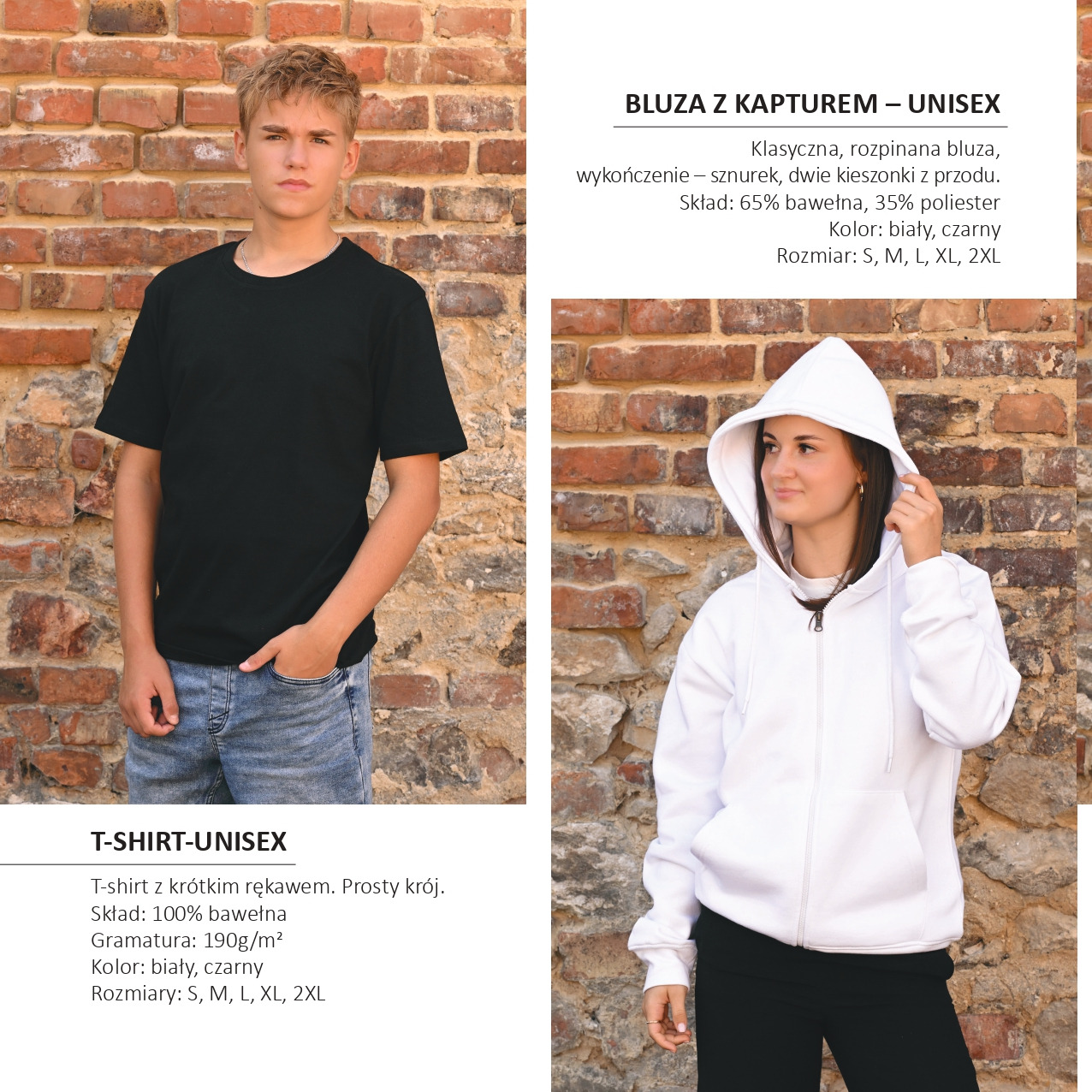 Unisex: chłopak w czarnym t-shircie, dziewczyna w białej bluzie z kapturem na tle ceglanej ściany. Widoczne składy materiałów i rozmiary odzieży.