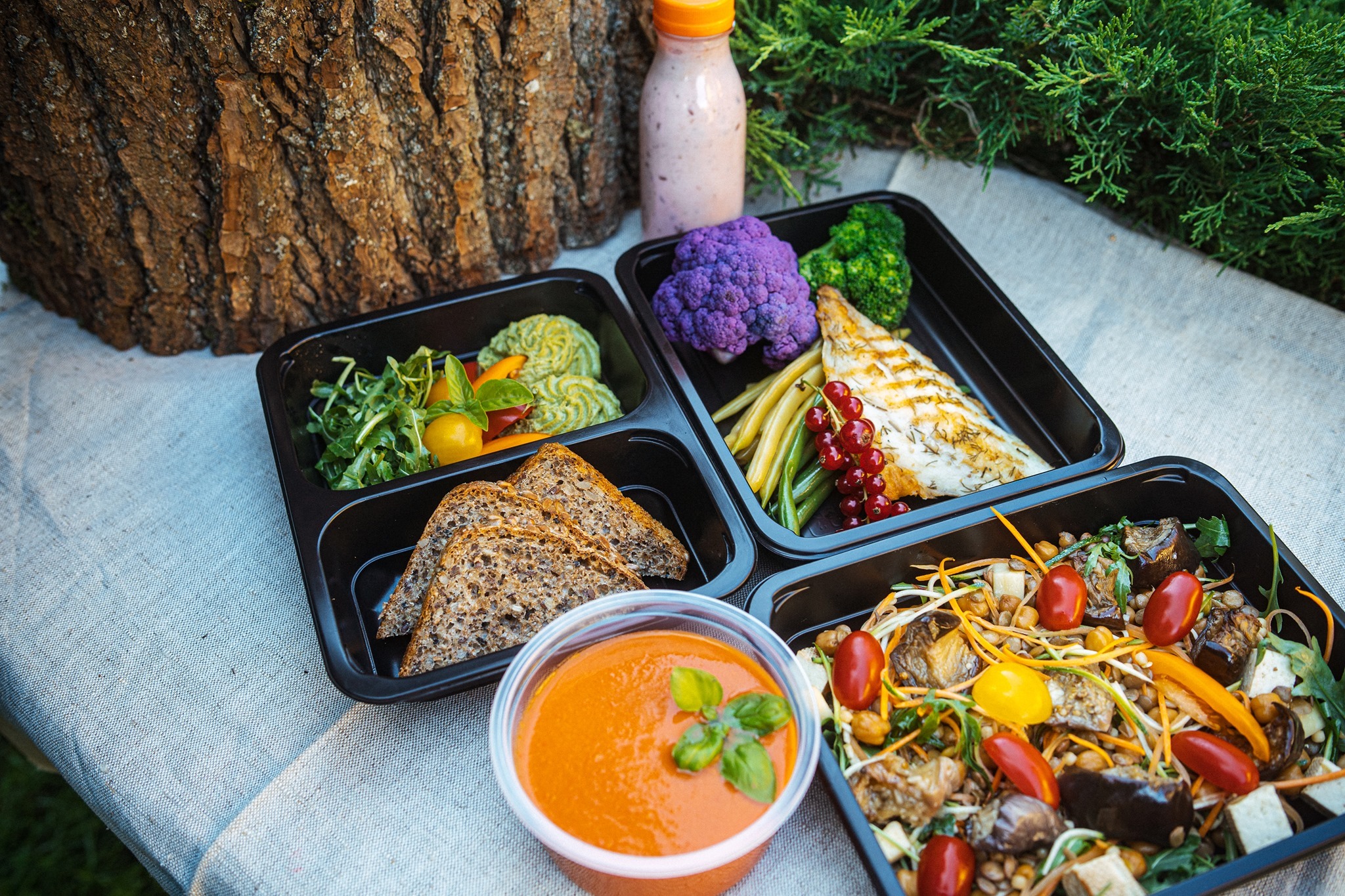Zestaw posiłków w czarnych pojemnikach na wynos: ryba z grilla, fioletowy kalafior, zielone warzywa, pasta awokado, pieczywo pełnoziarniste, zupa krem pomidorowa z bazylią, sałatka z bakłażanem...