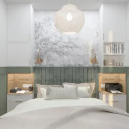 Nowoczesna sypialnia z łóżkiem z welurowym zagłówkiem, tapetą z motywem drzewa, lampkami nocnymi w stylu retro i drukarką na szafce nocnej.