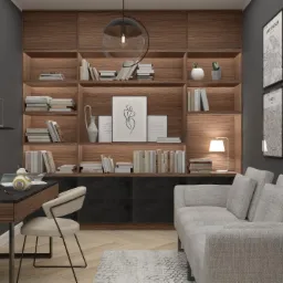 Wnętrze domowego biura z drewnianym regałem na książki, szarą ścianą, biurkiem z laptopem, kubkiem pary, figurką BB-8 i szarą sofą. Na ścianie wiszą oprawione mapy miast.