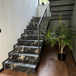 Kamieniarstwo Pietra Naturale - Nowoczesne schody z czarnego kamienia z białymi żyłami, z metalową balustradą i roślinami doniczkowymi, na drewnianej podłodze. Minimalistyczny design.