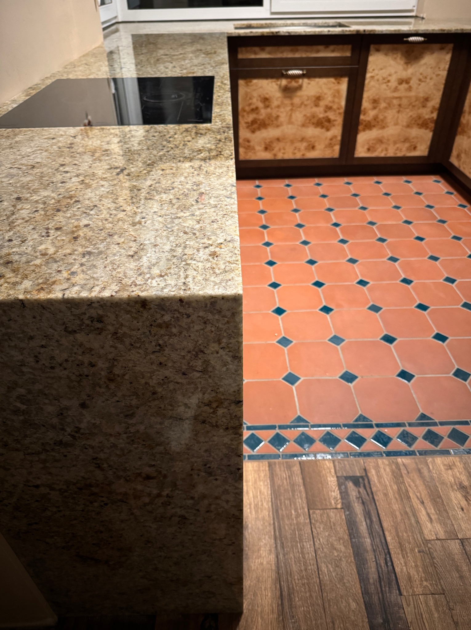 Kuchnia z blatem z kamienia naturalnego, widoczna płyta grzewcza, szafki z drewnianymi frontami i terakotowa podłoga z dekoracyjnym obramowaniem.