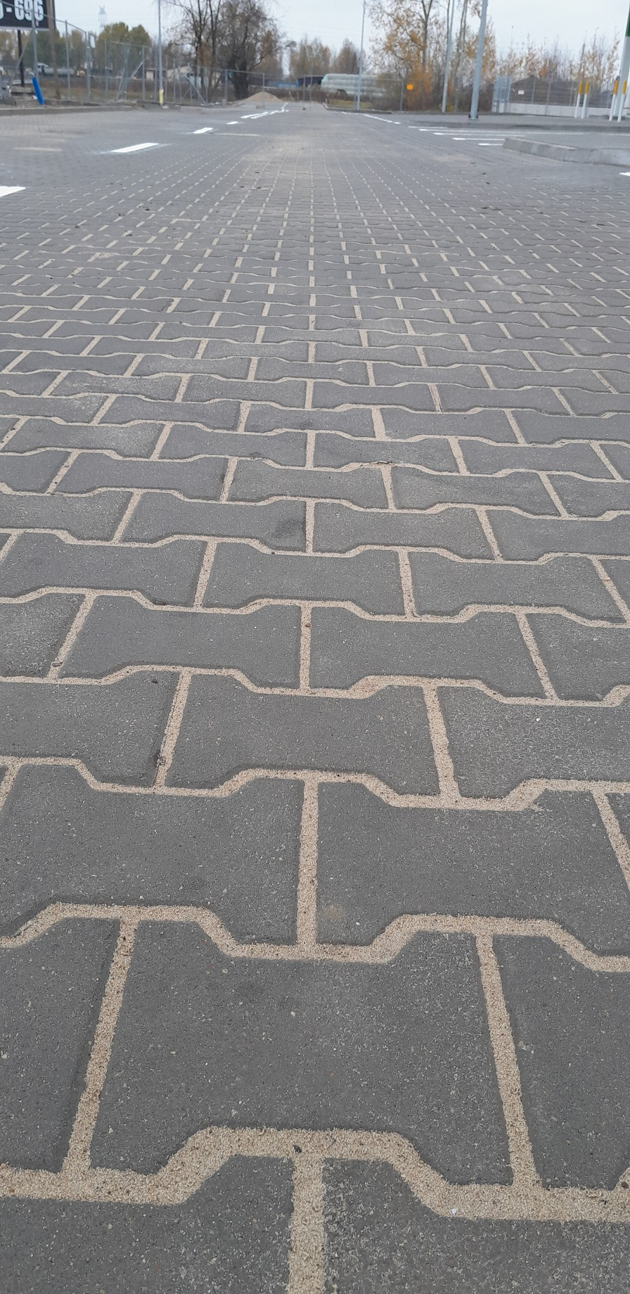 Szara kostka brukowa ułożona w charakterystyczny wzór na parkingu, widok z perspektywy pieszego, z widocznymi liniami parkingowymi w tle.