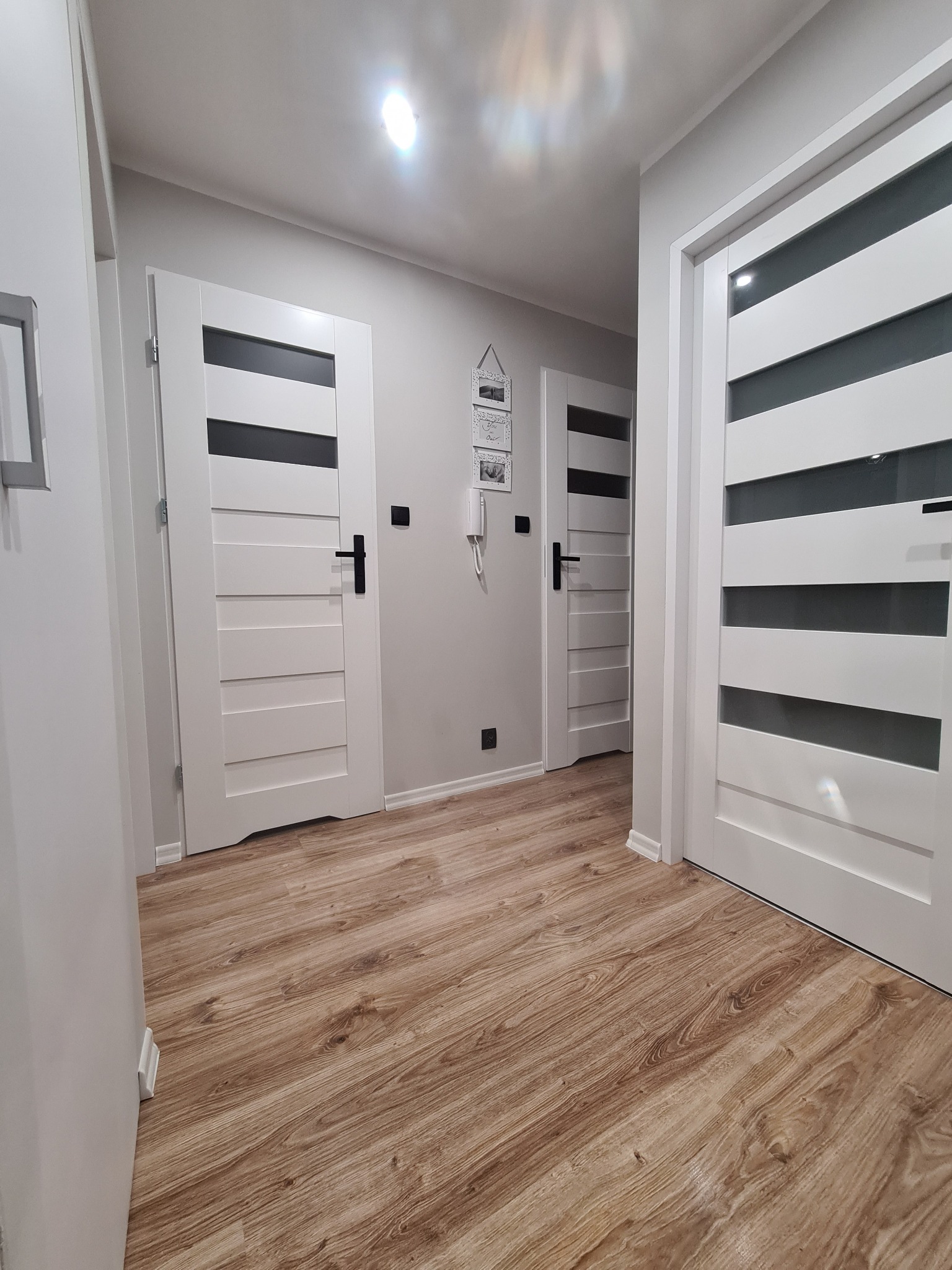 Korytarz z trzema białymi drzwiami z czarnymi akcentami, panele podłogowe imitujące drewno, ściany w odcieniach szarości, widoczny domofon.