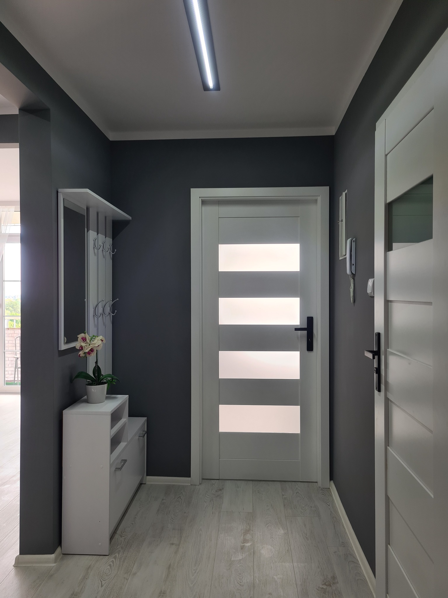 Szare wnętrze przedpokoju z białymi drzwiami z poziomymi przeszkleniami, białą szafką na buty z lustrem i wieszakami oraz jasną podłogą z paneli.