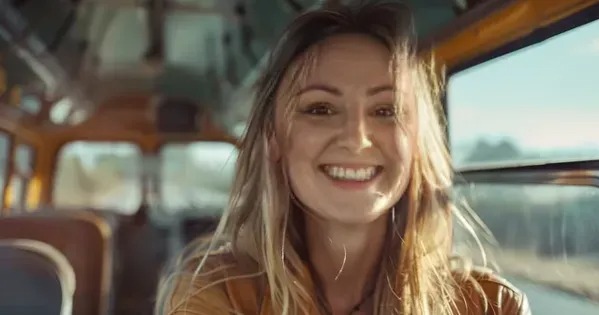 Uśmiechnięta blondynka w brązowej kurtce siedzi w starym, pomarańczowym autobusie z widokiem na krajobraz za oknem.