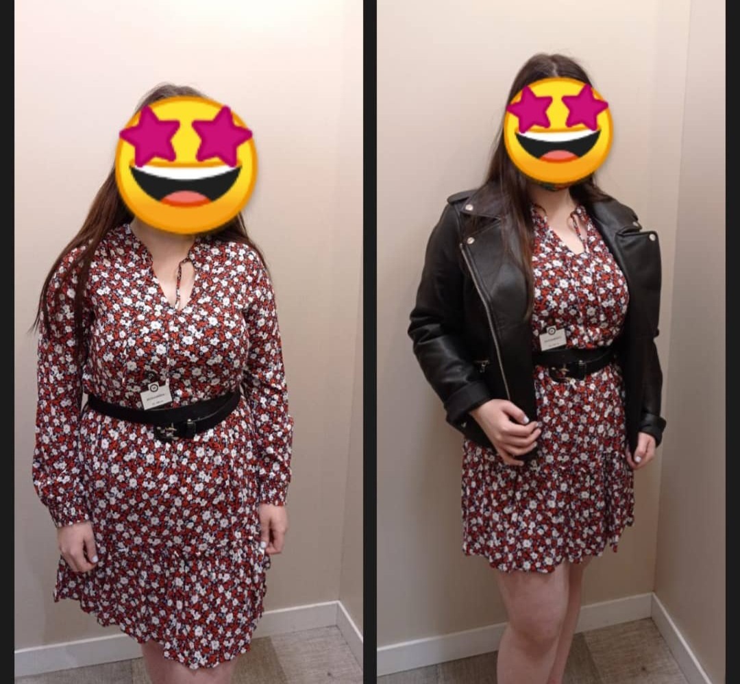 Dwie wersje stylizacji: sukienka w drobne kwiaty z czarnym paskiem, po lewej bez dodatków, po prawej z czarną skórzaną kurtką.