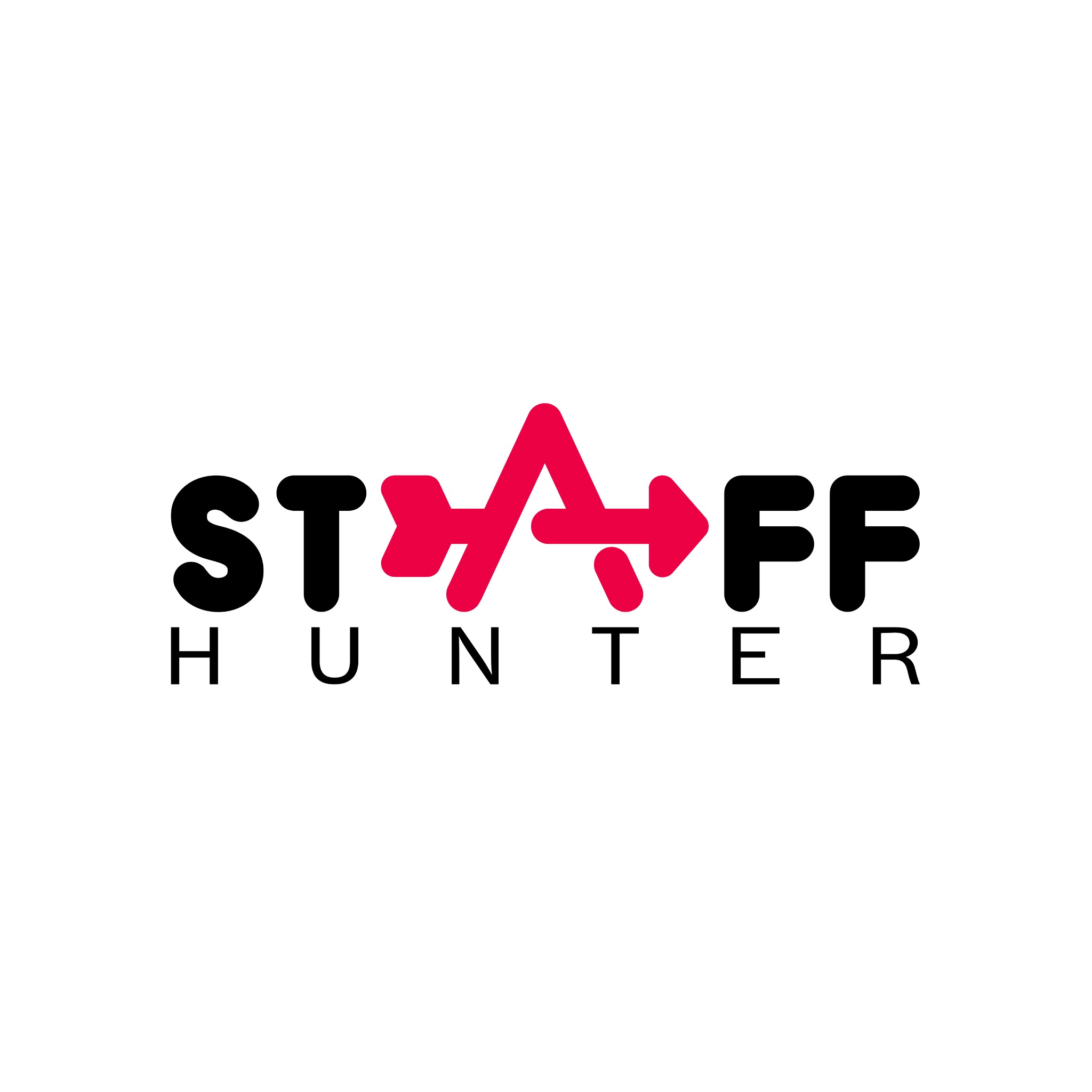 Logo firmy Staff Hunter: czarne litery ST i FF, czerwona strzałka w kształcie litery A, czarny napis HUNTER pod spodem.