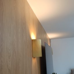NeoPrąd - Złoty kinkiet ścienny oświetla drewnianą boazerię w nowoczesnym salonie. Widoczny fragment telewizora i rośliny doniczkowej. Ciepłe światło tworzy przytulną atmosferę.