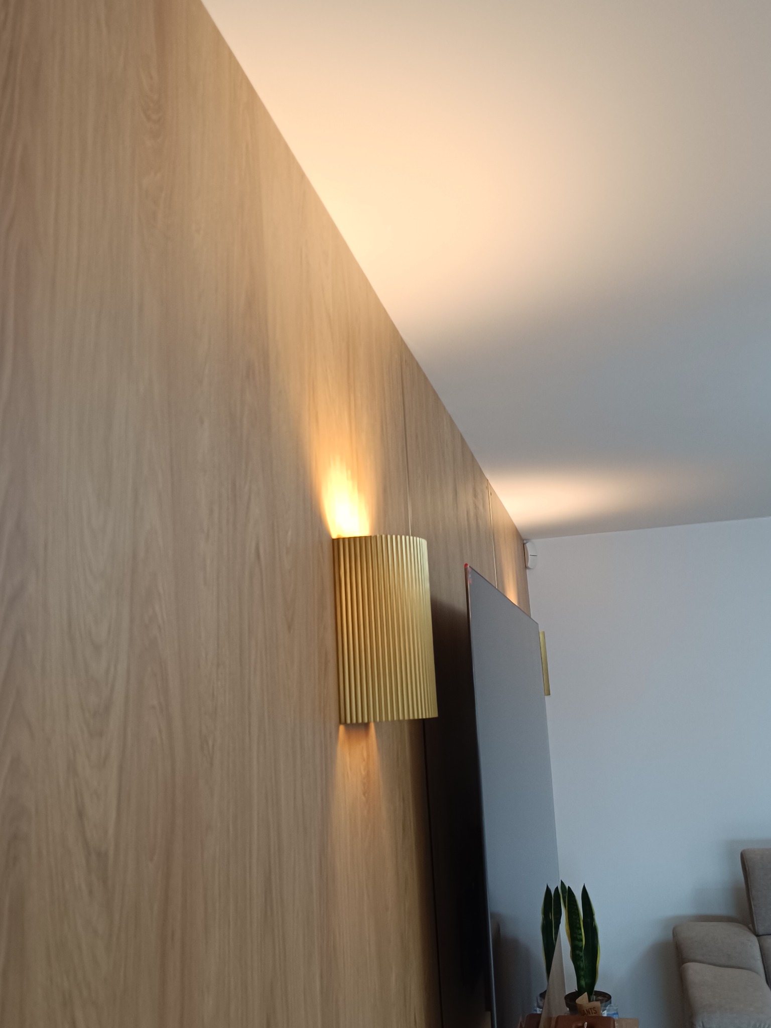 Złoty kinkiet ścienny oświetla drewnianą boazerię w nowoczesnym salonie. Widoczny fragment telewizora i rośliny doniczkowej. Ciepłe światło tworzy przytulną atmosferę.