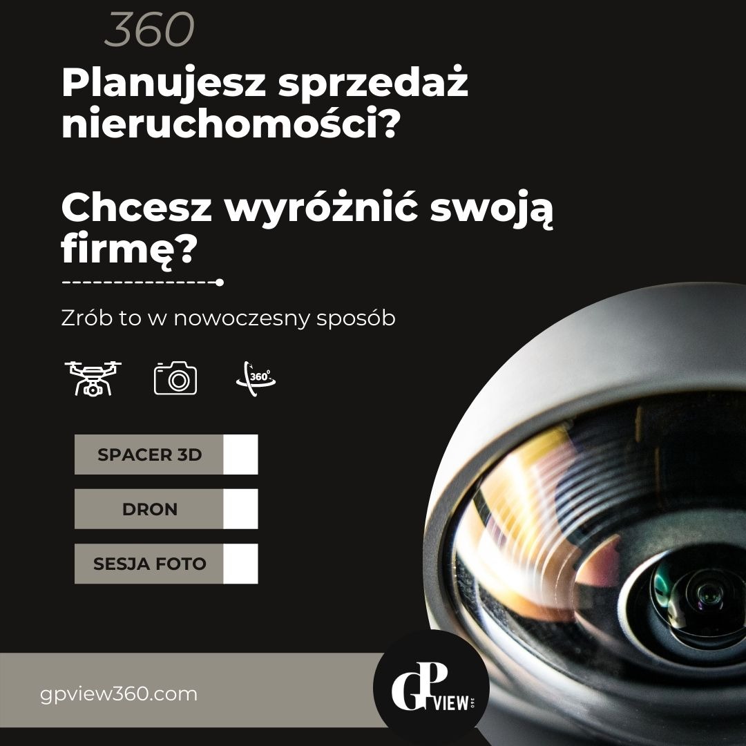 Grafika reklamowa usług spacerów 3D i sesji zdjęciowych z drona, skierowana do firm planujących sprzedaż nieruchomości, z bliskim ujęciem obiektywu kamery 360 stopni.