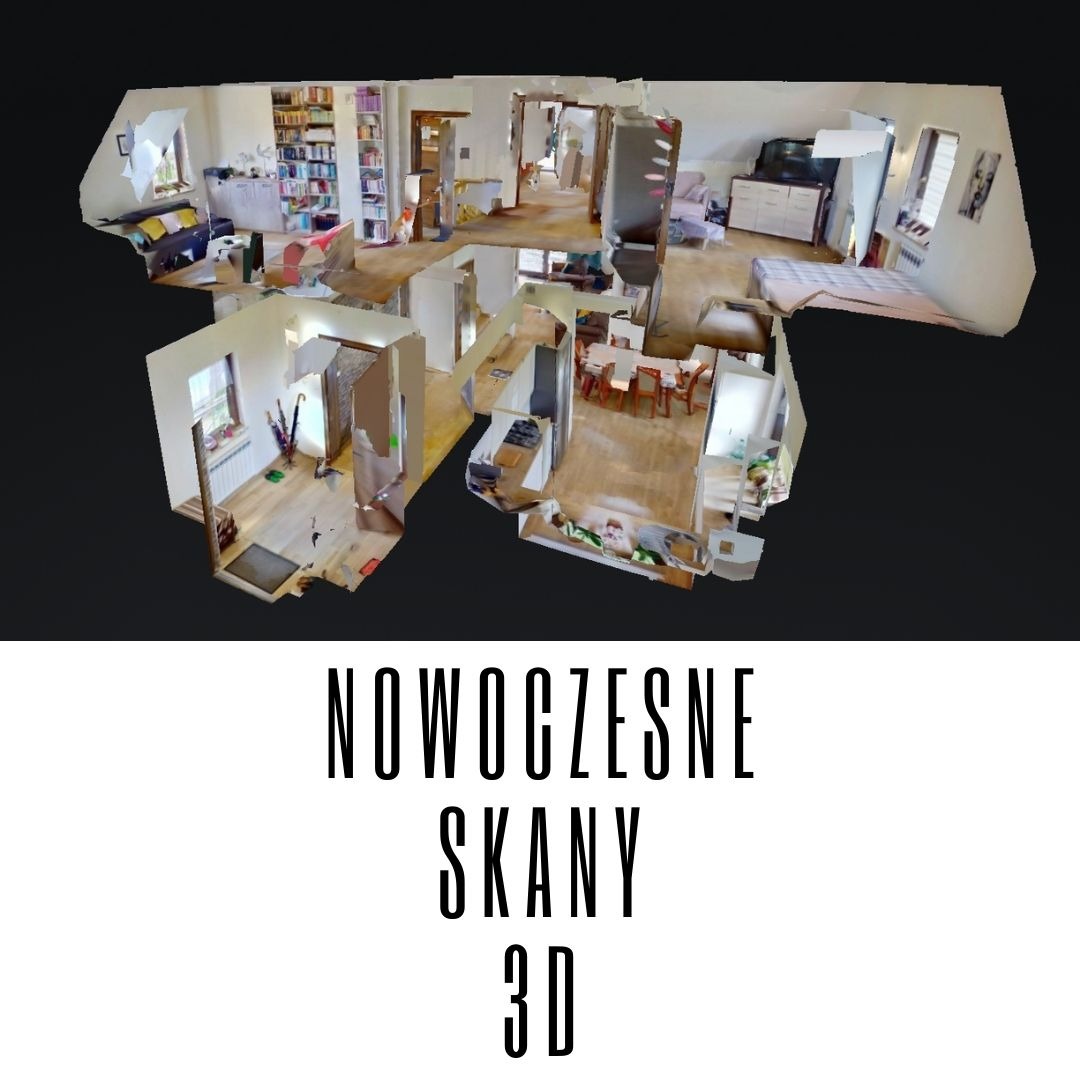 Wizualizacja 3D mieszkania w Warszawie, przedstawiająca układ pomieszczeń z góry, z widocznymi meblami i wyposażeniem.