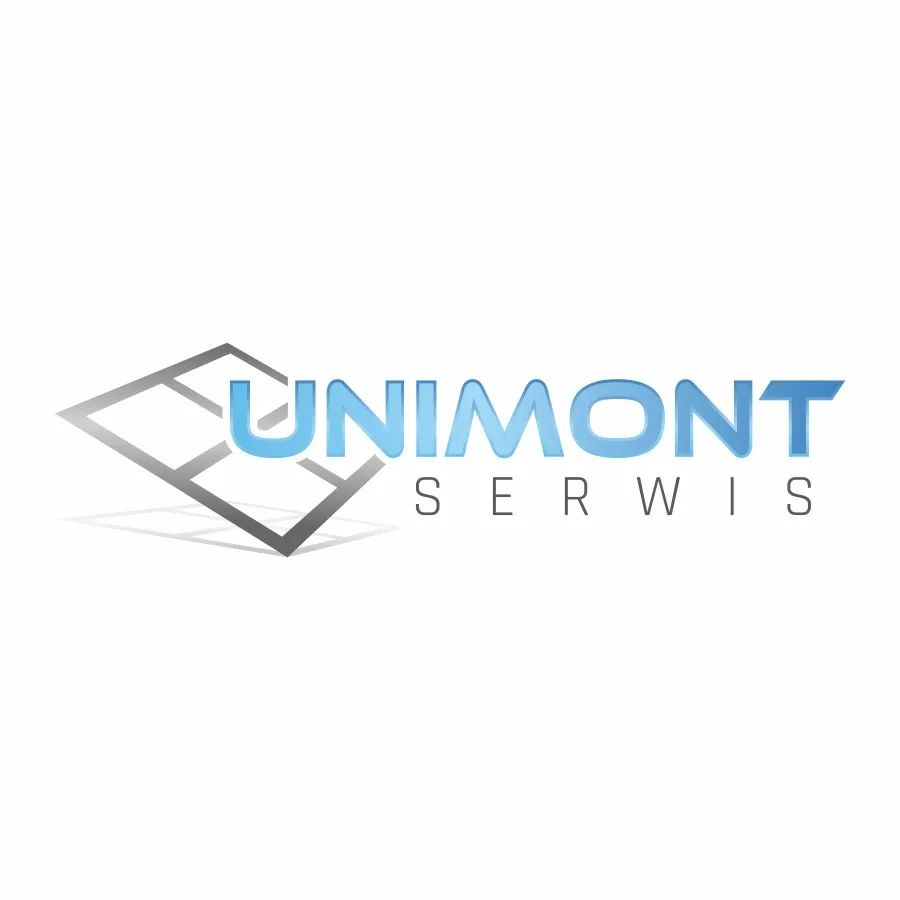 Logo firmy Unimont Serwis z graficznym przedstawieniem ramy okiennej w odcieniach szarości i niebieskim napisem na białym tle.