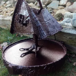 Ręcznie robiona metalowa rzeźba przedstawiająca karmnik dla ptaków w rustykalnym stylu, pokryta grubą warstwą brązowej farby, umieszczona na trawie z kamiennym tłem.