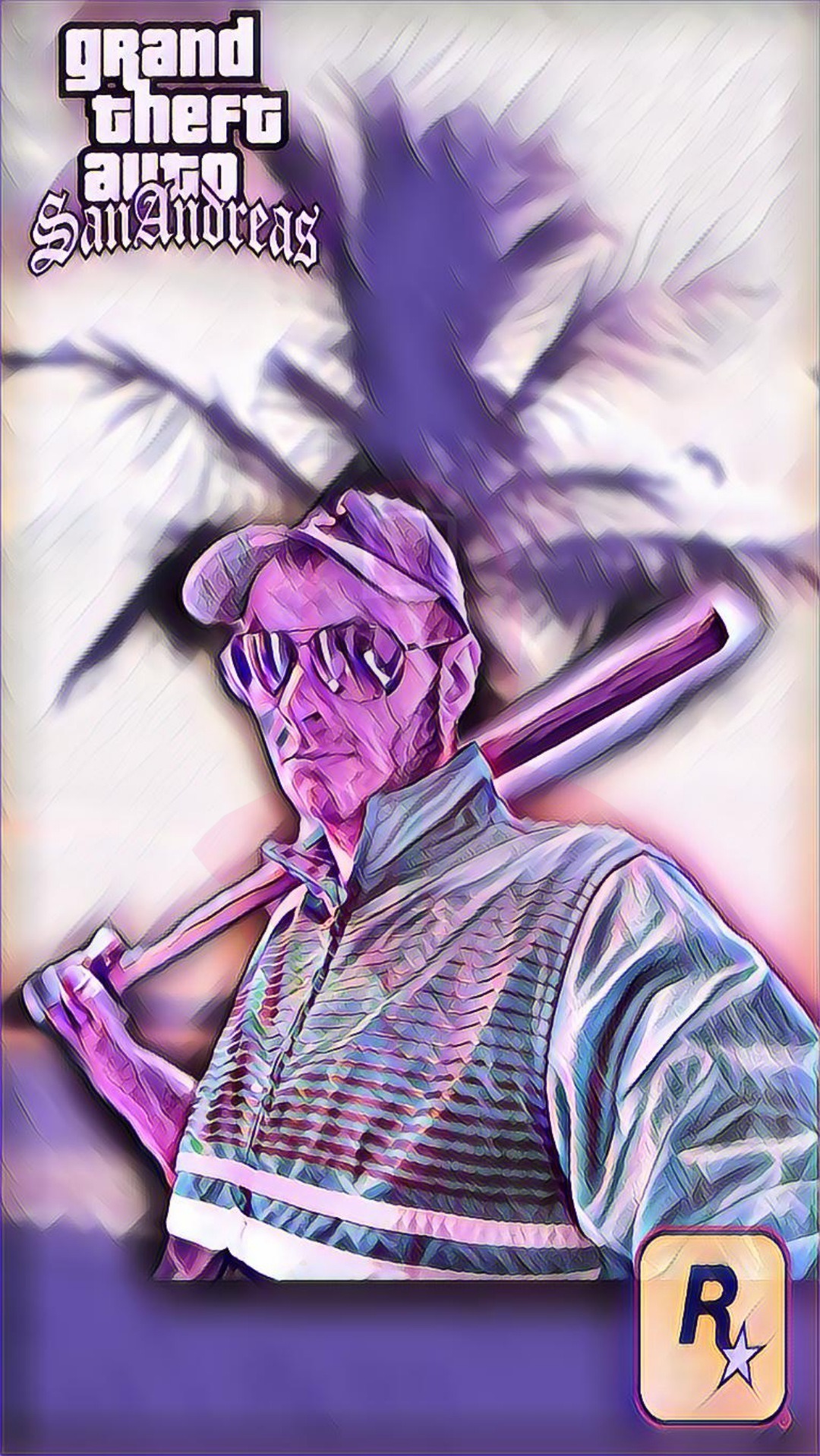 Stylizowana grafika postaci z gry Grand Theft Auto: San Andreas, trzymającej kij bejsbolowy, z logo Rockstar Games w prawym dolnym rogu.