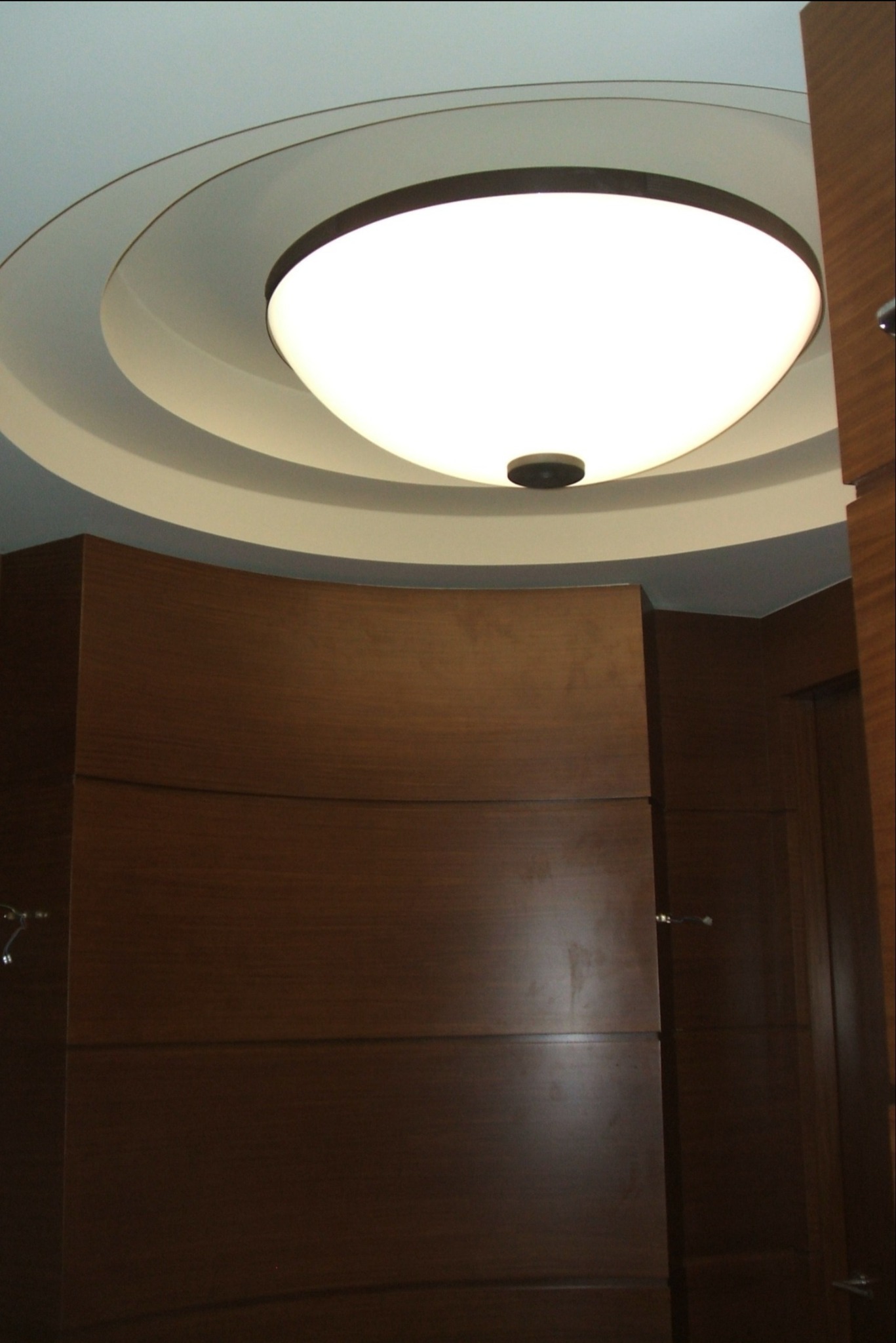 Nowoczesne oświetlenie sufitowe w łazience z drewnianymi panelami ściennymi i zaokrąglonym sufitem.