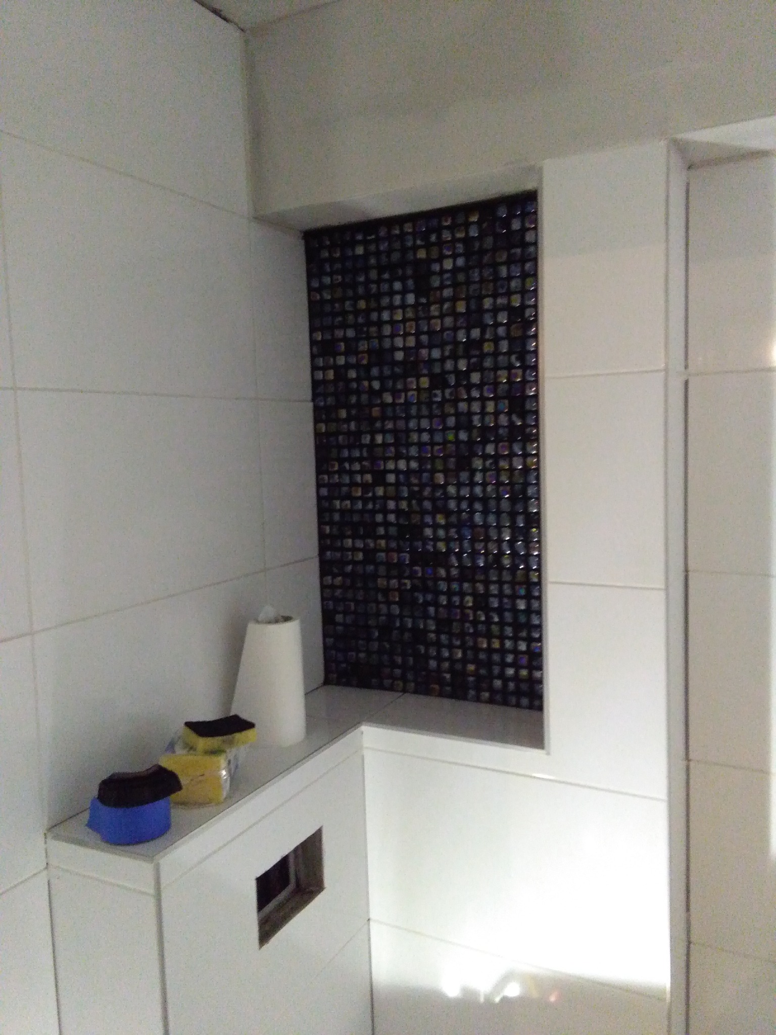 Fragment łazienki z białymi płytkami i dekoracyjną wnęką z mozaiką w odcieniach niebieskiego i czarnego. Na szafce leżą gąbki do czyszczenia. Widoczny fragment toalety w zabudowie.